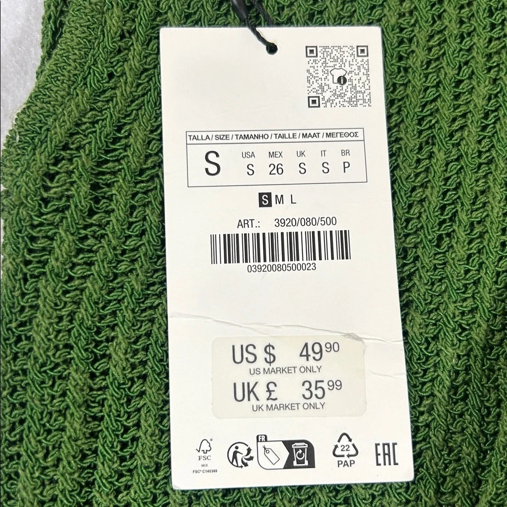 Zara Green Open-Knit‎ Polo Sweater Size S - New with Tags